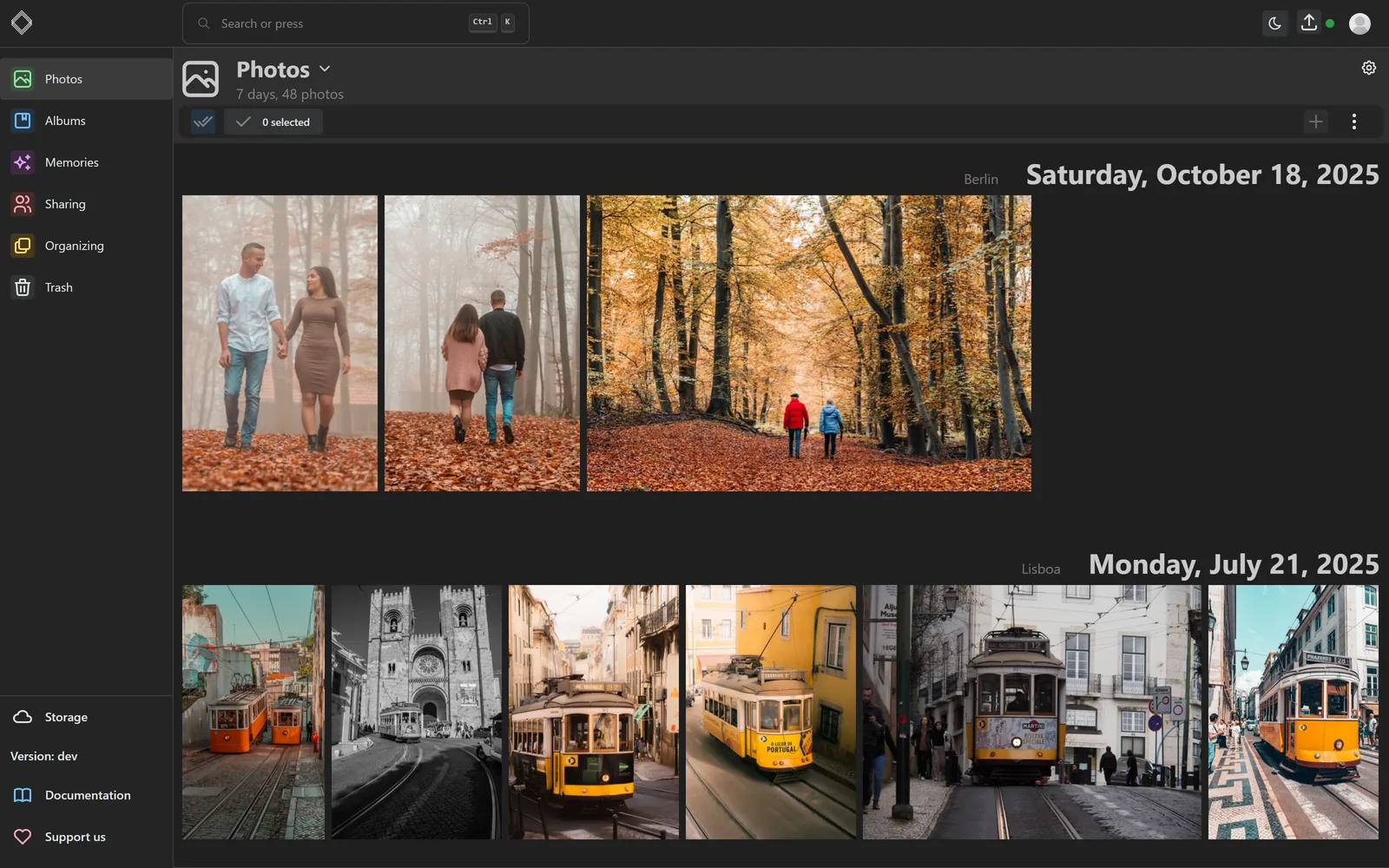 The LibrePhotos timeline: photos grouped by day, with the places they were taken